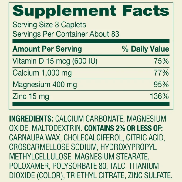 Suplemento dietético Spring Valley — Calcio, Magnesio, Zinc + Vitamina D3 (250 comprimidos)