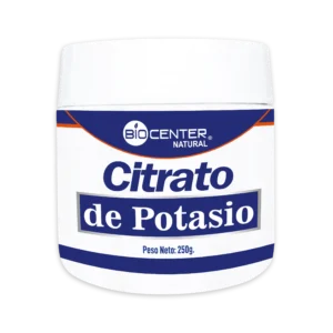 Beneficios, contraindicaciones y sugerencia de uso del Citrato de Potasio Biocenter Natural: suplemento en polvo que ayuda a prevenir cálculos renales, regular la presión sanguínea y equilibrar líquidos corporales.