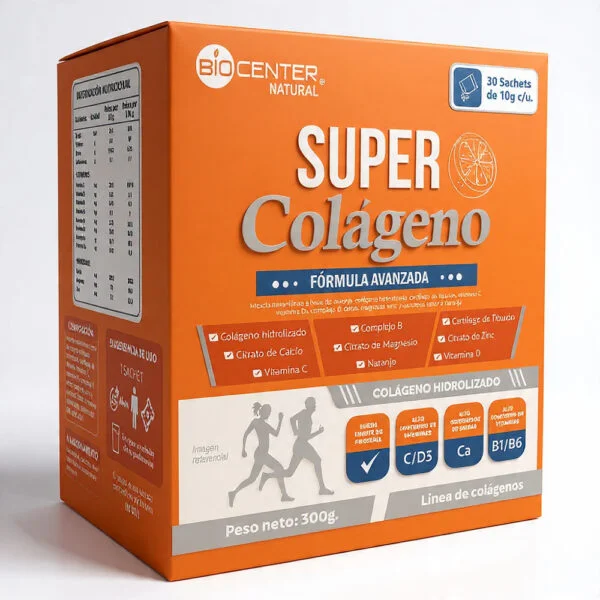 Caja naranja de Super Colágeno Fórmula Avanzada 9 en 1 de BioCenter Natural, disponible en Gelosantech con 30 sachets sabor naranja.
