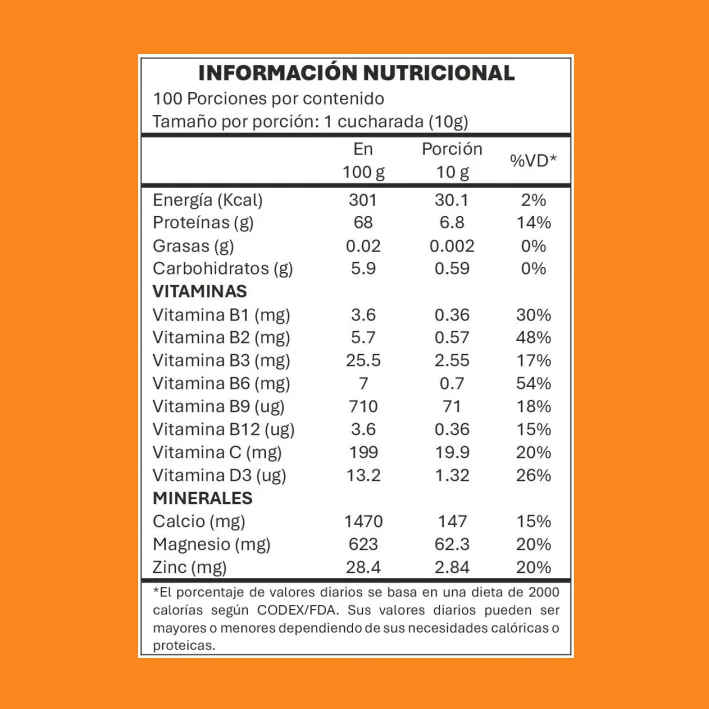 Valores nutricionales e ingredientes de Super Colágeno sabor naranja de BioCenter Natural, disponible en la tienda virtual Gelosantech.